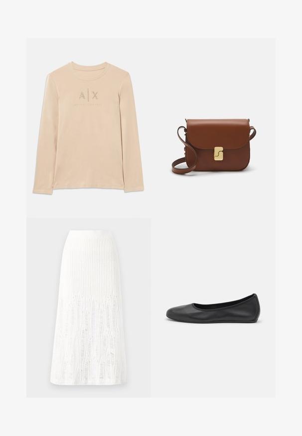 Hosszú ujjú, világos bézs ing sima anyagból, A|X logóval ékesítve átlátszó strasszokkal és kerek gallér kialakítással.; Fehér kötött midi szoknya, amelynek textúrája függőleges vonalakkal és kivágott részletekkel díszített az alján. Rugalmas derékpánt. Puha anyag.; Fekete bőr balettcipő lekerekített orral, sima tekstúrával, minimális varrással és rugalmas talp kialakítással.; Barna bőr kézitáska, hajtókás zárással, arany színű fém kiegészítőkkel, vállpánttal és sima felülettel. Kompakt téglalap alakú.