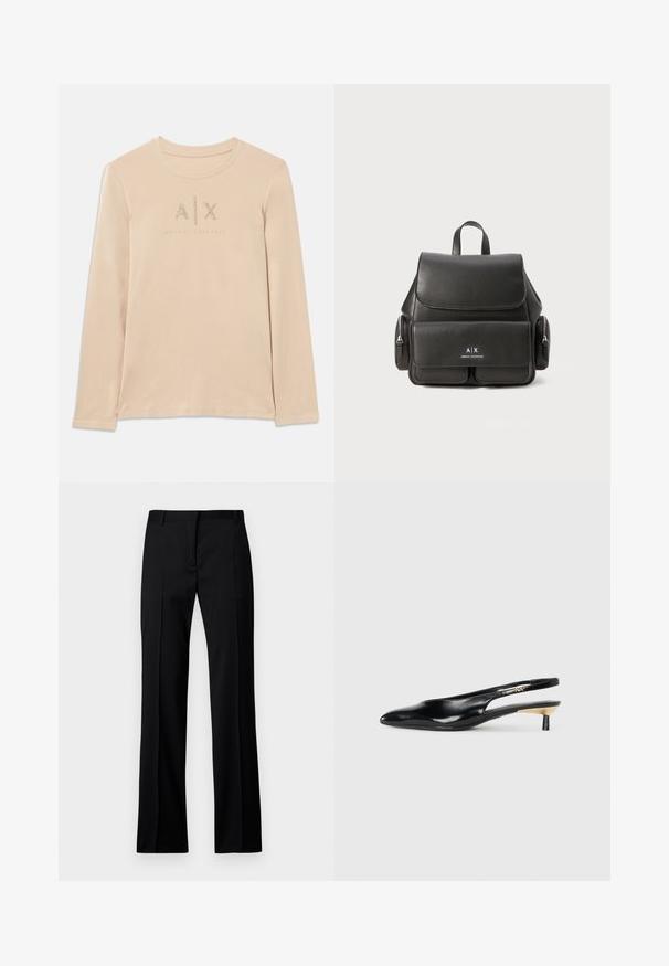 Pitkähiha, vaalea beige paita, joka on valmistettu sileästä kankaasta. Paidassa on A|X-logo, jonka koristeena on kirkkaat strassit, ja pyöreä kaulus.; Mustat suorat housut sileästä kankaasta, jossa on litteät etuosat, vyölenkit ja ei näkyviä taskuja tai koristeita.; Mustikka slingback-kengät, joissa on terävä kärki, kiiltävä nahkapinta ja pieni korko, jossa on kultainen yksityiskohta. Tyylikäs muotoilu avoimella takana.; Musta nahkareppu, jossa on läppä suljenta, etutasku, sivu vetoketjutaskut ja yläkahva. Edessä logo-detailit.