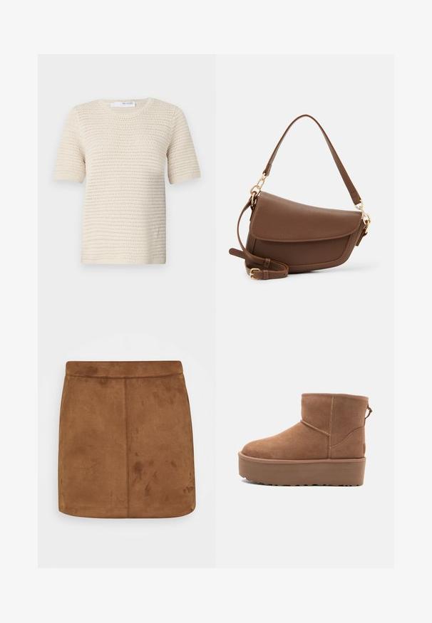 Krótki sweter z krótkim rękawem w kolorze off-white, oferujący teksturowany wzór, okrągły dekolt oraz ściągacze przy rękawach dla lepszej struktury.; Brązowa zamszowa mini spódnica o gładkiej teksturze, prostym kroju i bezszwowym pasie, charakteryzująca się minimalistycznym designem bez wzorów czy ozdób.; Beżowe zamszowe botki za kostkę z platformą, zaokrąglonym noskiem i akcentami w postaci przeszyć; posiadają pętelkę z tyłu dla ułatwienia zakładania.; Brązowa skórzana torba na ramię o teksturowanym wykończeniu, zaokrąglonym kształcie, złotych akcentach, regulowanym pasku i zapięciu na klapę.