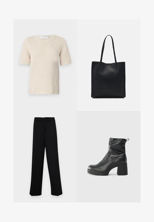 Knit short-sleeve sweater in off-white, featuring a textured pattern with rounded neckline and ribbed cuffs for structure.; Black wide-leg trousers made of smooth fabric, featuring a classic waistband with a button closure and front pleats.; Black ankle boots made of smooth leather, featuring a side zipper, chunky textured heel, and rounded toe design.; Black leather tote bag with smooth texture, rectangular shape, and two long handles. No visible hardware or embellishments.