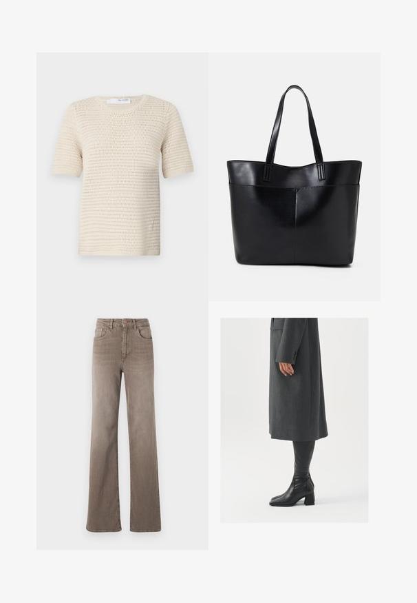 Pletena kratkolasca jopica v off-white barvi z teksturiranim vzorcem, okroglo izrezanega ovratnika in rebrastimi konicami za strukturo.; Rjavi visoki naramnice z ravnimi hlačnicami in sprednjim gumbom, z zanko za pas in klasičnim petim žepnim dizajnom na beli podlagi.; Siv prešita zimska plašča ravnega kroja; obuta z visokimi črnimi usnjenimi škornji, ki imajo kvadratni nos in debel pet.; Črna usnjena torba z dvema dolgima ročajema, gladko teksturo in strukturirano obliko. Ima sprednji žep za dodatno shranjevanje.