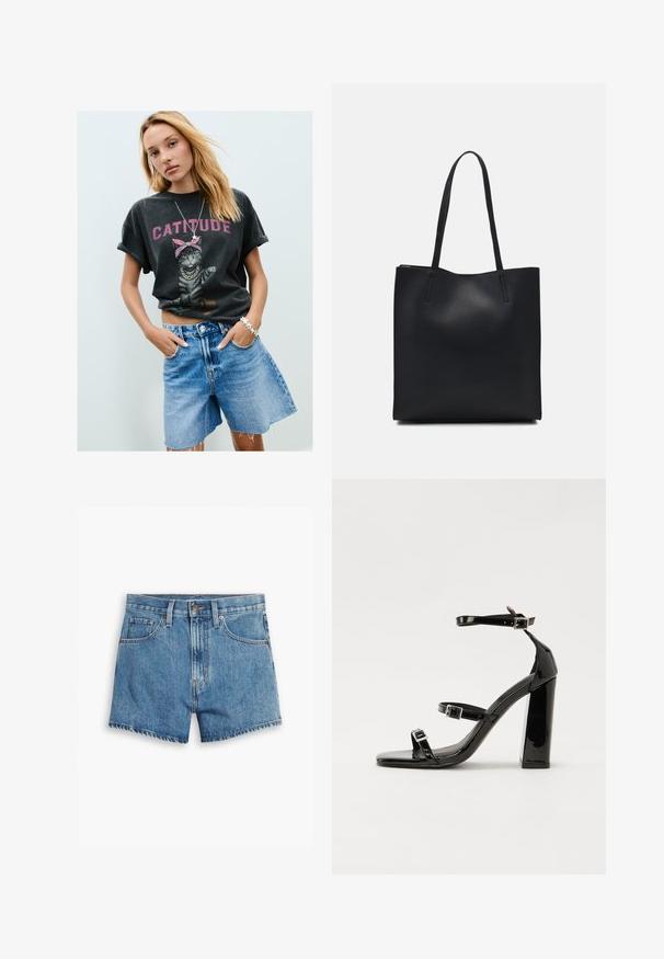 Črna grafična majica s kratkimi rokavi, na kateri je mačka s rožnato bandano in napisom "CATTITUDE", v kombinaciji s svetlo modrimi denim kratkimi hlačami in srebrnim zapestnikom v obliki zvezd.; Jeans kratke hlače v svetlo modri barvi, z povezavami za pet žepov, zadrgo in gumbom. Rob je razfrcan, oblikovane so v sproščenem kroju.; Črne lakirane sandale s peto, kvadratnim prstom, trakovi okrog gležnja in srebrnimi zaponkami. Opremljene so s stabilno Debelo peto.; Črna usnjena torba s svilnato teksturo, pravokotne oblike in dvema dolgima ročajema. Brez vidnih metalnih delov ali okrasnih elementov.