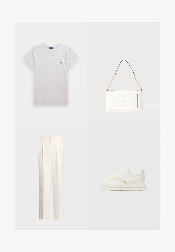 Hallid lühikeste varrukatega hall t-särk, mis on valmistatud pehmest puuvillast ja millel on ümar kaelus. Vasakul rinnal on väike sinine tikandiga logo.; Polo Ralph Lauren HEMP WIDE LEG PANT - Püksid - nevis; Valged tossud, millel on sujuvate ja tekstureeritud materjalide segu, kerge logo, paeltega kinnitamine ja zick-zack tallad.; Valge nahast kott tekstureeritud viimistlusega, millel on kuldne kettling ja mustad aktsendid. Include eesmine tasku ja tõmblukk.