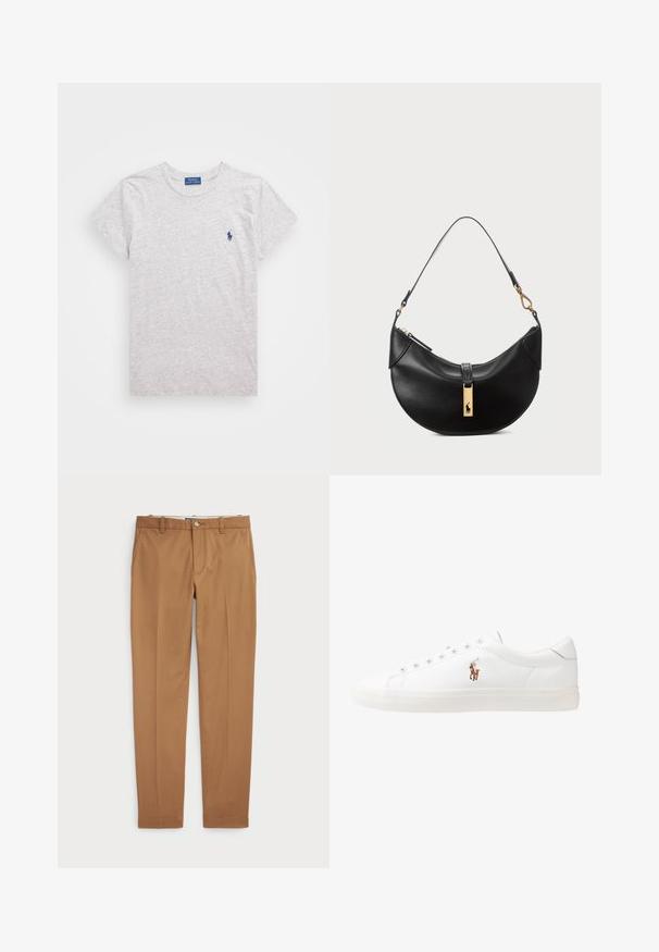 Szara koszulka z krótkim rękawem wykonana z miękkiej bawełny, z okrągłym dekoltem. Posiada małe niebieskie haftowane logo po lewej stronie klatki piersiowej.; Brązowe bawełniane spodnie w fasonie slim-fit, z płaskim przodem i standardowymi kieszeniami; gładka tekstura i podwinięte mankiety.; Białe skórzane sneakersy, niskoprofilowy design, charakteryzujące się gładką fakturą, okrągłym noskiem, sznurowanym przodem i małym haftowanym logo z boku.; Czarna skórzana torebka w kształcie półksiężyca. Ma złote akcenty i wąski pasek. Gładka tekstura, zamek błyskawiczny na górze.