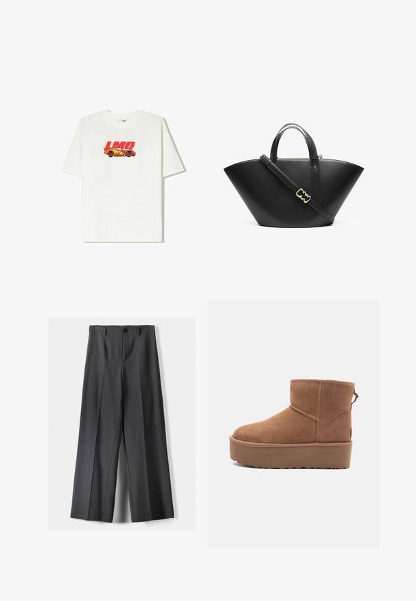 Bela bomba majica iz bombaža z grafiko rdečega in rumenega avtomobila ter tekstom "LMQ 95". Kratki rokavi, sproščen kroj, okrogla izrezana vrata.; Hlače širokega kroja v temno sivi tkanini, z gumbnim zapenjanjem, sprednjimi naborki in zankami za pas. Gladka tekstura s prilagojenim dizajnom.; Bela antilopova gležnjača s platformom, okruglim vrhom i dekorativnim šavovima; ima uvučenu petlju straga za lakše oblačenje.; Črna usnjena torba za tote z široko, angularno obliko. Ima dvojne zgornje ročaje in nastavljiv ramenski trak z zlatimi dodatki.