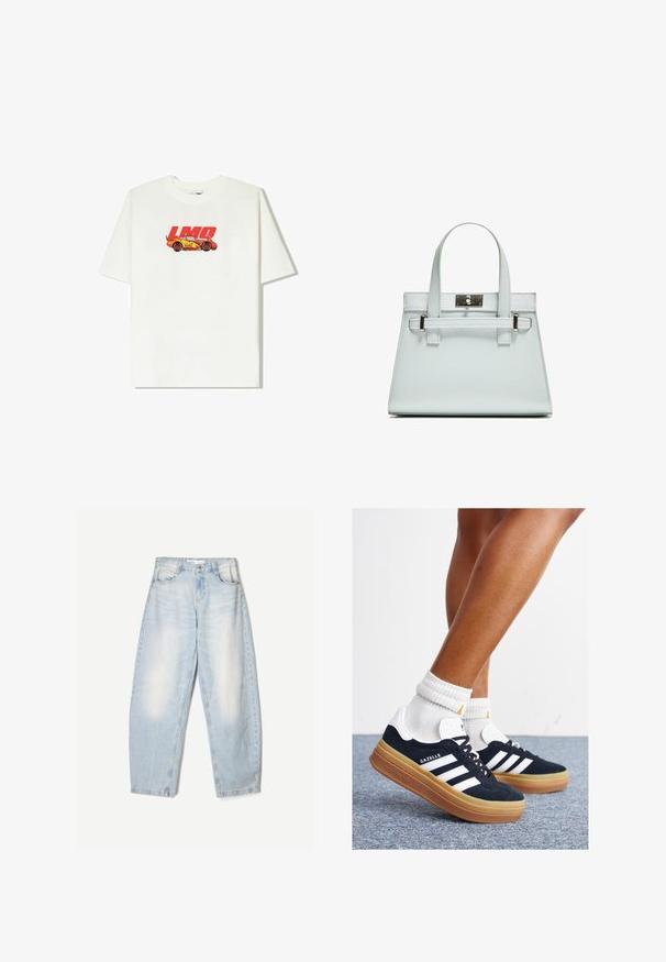 Valkoinen puuvillateeppari, jossa on punainen ja keltainen autografiikka sekä "LMQ 95" -teksti. Lyhyet hihat, rento istuvuus, pyöreä pääntie.; Vaaleansiniset farkut, joissa on löysä malli, haalistunut pinta, kaksi etutaskua ja nappikiinnitys vyötäröllä.; Musta mokkanahkainen tennari, jossa valkoiset raidat ja yksityiskohdat, pyöreä kärki, purukumipohja, yhdistetty valkoisiin ribbineuleisiin nilkkasukkiin.; Vaaleansininen käsilaukku, jossa on jämäkkä muotoilu, kaksi kahvaa ja hopeanvärinen kiinnitys. Pinta on teksturoitu ja kulmat terävät.