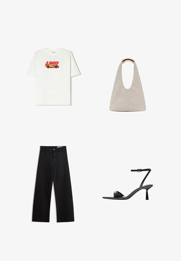 Valkoinen puuvillateeppari, jossa on punainen ja keltainen autografiikka sekä "LMQ 95" -teksti. Lyhyet hihat, rento istuvuus, pyöreä pääntie.; Mustat leveät farkut korkealla vyötäröllä, joissa on etu- ja takataskut, ommellut saumat ja nappisuljenta. Silkinoinen rakenne.; Bershka Korolliset sandaalit - black; Vaalea harmaa nahkalaukku, jossa on U-muotoinen muotoilu ja kaareva metallikahva. Suora pinta, jossa on minimaalinen ompelu ja ei näkyviä kuvioita.