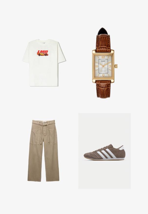 Hvid bomulds T-shirt med et rødt og gult bilgrafik og teksten "LMQ 95". Korte ærmer, afslappet pasform, rund halsudskæring.; Beige vidde bukser lavet af slidstærkt stof, med store forlommer, et flettet bælte og diskrete stikninger.; Brune ruskind atletisk sko med hvide striber, rund tå, snørebåndsdesign og gummisål. Tekstureret overdel med syningsdetaljer.; Casio kvartsur med et rektangulært guldfarvet let metalhus, hvid skive, guld timemarkører og brun læderrem med krokodilleskinds-mønster. Vandafvisende.