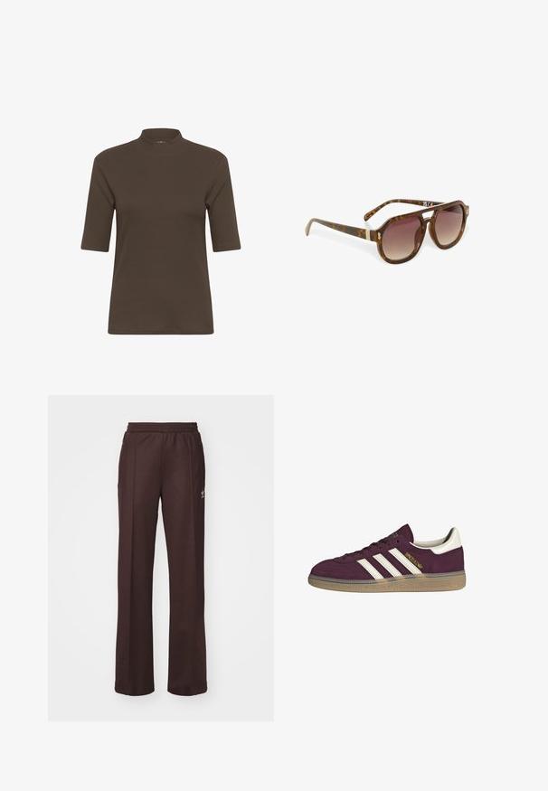 Braun gestreiftes T-Shirt mit Stehkragen und kurzen Ärmeln, ausgestattet mit einer glatten Textur und einer figurschmeichelnden Passform.; Braune Sporthose mit einem elastischen Bund, zwei Seitentaschen und einem kleinen Logo auf der linken Seite, gefertigt aus weichem Stoff.; Bordeauxfarbene Wildledersneaker mit weißen drei Streifen und beigen Akzenten. Verfügt über eine strukturierte Gummisohle und goldene Markenlogo auf der Seite.; Schildpatt-Sonnenbrille mit verlaufenden Gläsern, winkeliger Form und goldenen Akzenten an den Bügeln, die eine elegante, glänzende Oberfläche aufweist.; Hellrosa Lederhandtasche mit einer geschwungenen Klappe, goldenen Beschlägen und einem abnehmbaren Tragegurt mit Kettenakzent. Glatte Oberfläche und präzise Naht.