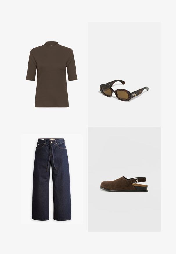 T-shirt marrone a costine con colletto alto e maniche corte, caratterizzato da una texture liscia e una forma aderente.; Jeans in denim scuro a gamba larga con vita alta, dotati di un laccio, cinque tasche e dettagli di cucitura a contrasto.; Scarpa slip-on in suede marrone con tacco basso, cinturino regolabile con fibbia argentata e suola in gomma nera.; Occhiali da sole in tartaruga con montatura ovale, lenti di colore marrone e marchio "Chloé" sulla stanghetta. Materiale plastico liscio con finitura lucida.; Borsa tote in suede marrone con forma ampia e texture morbida, caratterizzata da una strap singola e hardware minimale su uno sfondo neutro.