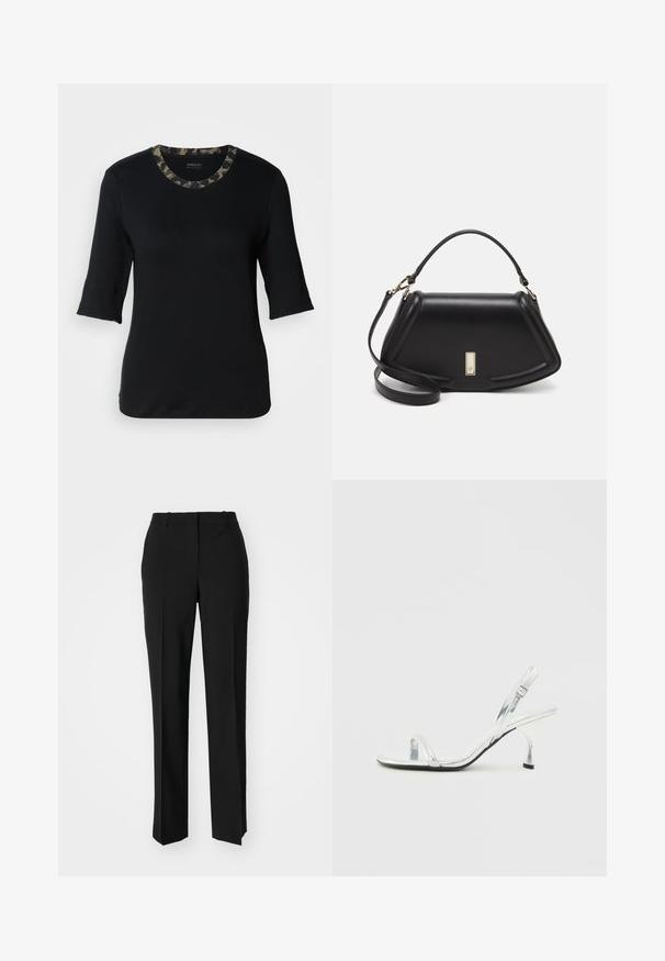 Zwarte korte mouwen t-shirt met een ronde hals, featuring een kraag met camouflagepatroon. Gemaakt van zachte, rekbare stof met een gladde textuur.; Zwarte op maat gemaakte broek met een recht model, voorzien van een soepele textuur en scherpe plooien aan de voorkant. Geen zichtbare hardware.; Zilveren gepatineerde leren slingback sandalen met hoge hak, een smalle teband, een verstelbare gesp en een slanke hak.; Zwarte leren handtas met een gestructureerd ontwerp, featuring een verkorte vorm, bovenhandvat en gouden hardwareaccent. Inclusief verstelbare schouderband.