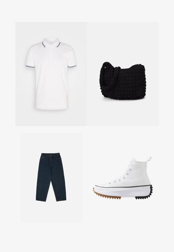 Lindbergh CONTRAST PIPING - Poloskjorter - white; Mørkeblå høytlivs jeans med avslappet passform, med fem lommer og knappelukking. Laget av denim med en glatt tekstur.; Hvit høy-sneaker med overdel i lerret, svarte og brune gummidetaljer, markant taggete såle, og sølvfargede snører med lisses.; Svarte tekstilveske med en strukturert, quiltet mønster. Rund form, korte, tykke håndtak og en myk, fleksibel struktur.