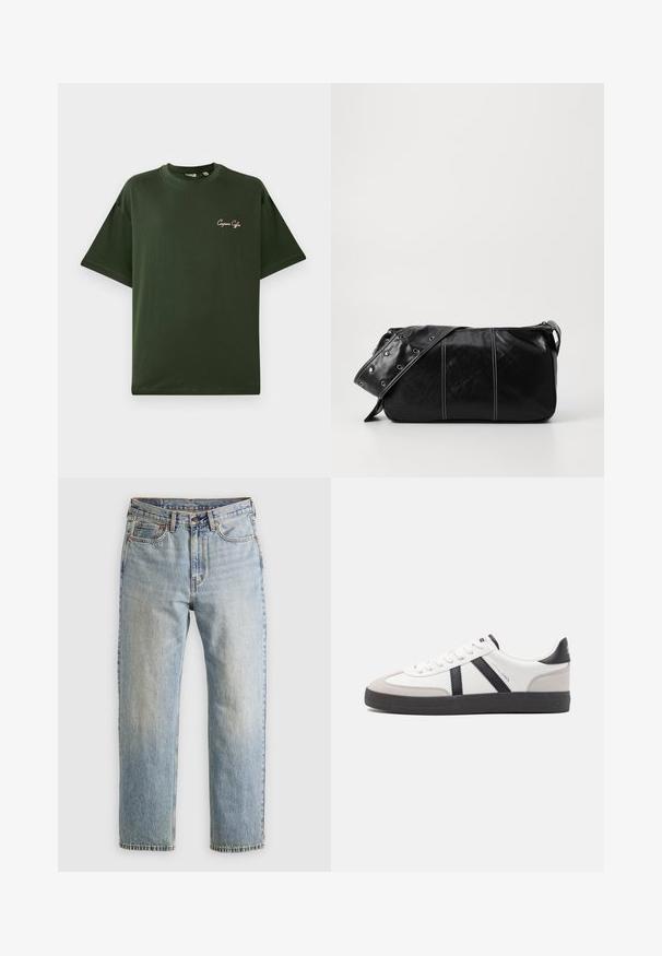 Zöld pamut póló rövid ujjakkal, laza fazonban. Bal mellen egy kicsi, rózsaszín hímzett logó található.; Világoskék farmernadrág magas derékkal, elülső gombbal, cipzárral és öt zsebbel, sima háttérre fektetve.; Fehér sneaker fekete és szürke részletekkel, textúrált szürke orr résszel, fekete gumitalppal és lapos fehér fűzőkkel. Tiszta dizájn, minimalista stílus.; Fekete bőr válltáska, cipzárral zárva, texturált felülettel, fehér varrással és ezüst fémgyűrűs pánttal.
