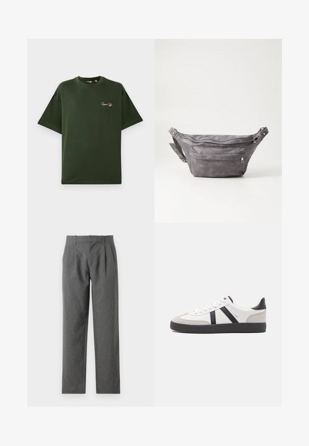 Camiseta de algodón verde con mangas cortas, de corte relajado. Presenta un pequeño logo bordado en rosa claro en el lado izquierdo del pecho.; Pantalones grises con rayas delgadas, hechos de una tela texturada. Presentan una cintura alta con pliegues y un diseño de pierna recta.; Zapatilla blanca con acentos en negro y gris, que presenta una puntera texturizada en gris, suela de goma negra y cordones planos blancos. Diseño limpio, estilo minimalista.; Riñonera de ante gris con forma redondeada, dos compartimentos con cremallera y correa ajustable. Presenta acentos de metal.