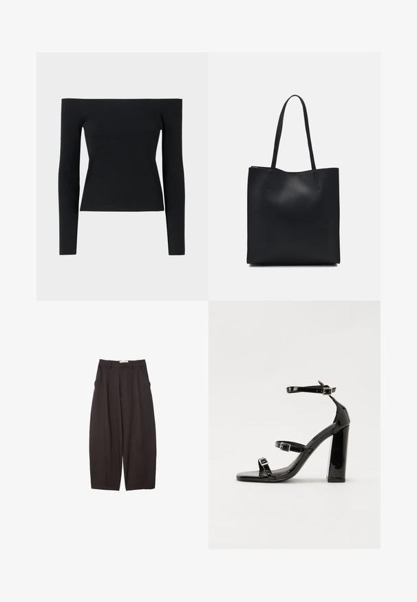 Čierny top bez ramienok s dlhým rukávom vyrobený z ryhovaného materiálu, so priliehavou siluetou a minimalisticým dizajnom.; Čierne široké nohavice vyrobené z hladkej tkaniny, s vysokým pásom, prednými skladmi a bočnými vreckami. Jednoduchý dizajn bez ozdôb.; Čierne lakované sandále na podpätku so štvorcovou špičkou, navlečenými remienkami okolo členku a striebornými prackami. Disponujú masívnym blokovým podpätkom pre stabilitu.; Čierna kožená taška na rameno s hladkým povrchom, obdĺžnikovým tvarom a dvoma dlhými uchami. Bez viditeľného kovania alebo ozdôb.