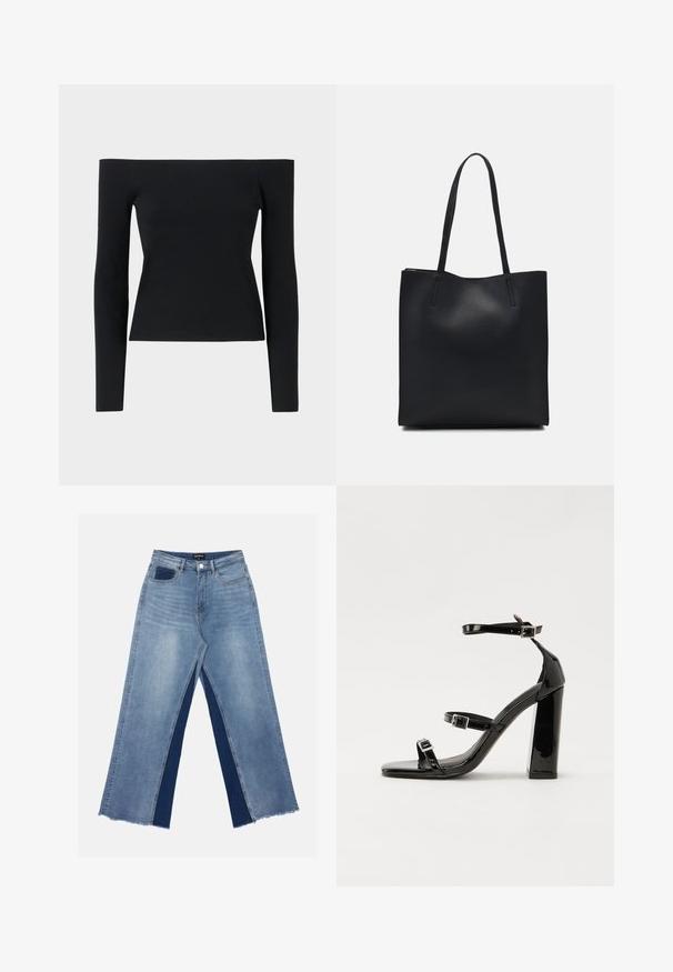 Juoda offo-šaldo ilgomis rankovėmis palaidinė, pagaminta iš plonos audinio, pasižyminti prigludusia siluetu ir minimalizuotu dizainu.; Šviesiai mėlynos plačiakančios džinsai su kontrastingais tamsiai mėlynais įdėklais, suplėšytais kraštais ir standartine liemeniu su metaliniu užsegimu.; Juoda blizgi lakuota basutė su kvadratiniu pirštu, kulkšnies dirželiais ir sidabro sagtimis. Yra tvirta blokinė kulno konstrukcija, užtikrinanti stabilumą.; Juodas odinis tote krepšys su lygia tekstūra, stačiakampio formos ir dviem ilgais rankenomis. Matomų metalinių detalių ar puošybos nėra.