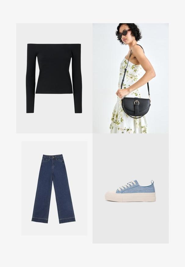 Black off-the-shoulder long-sleeve top made from ribbed fabric, featuring a fitted silhouette and minimalistic design.; Wide-leg jeans in dark blue denim. Features five pockets, belt loops, and a raw hem at the bottom with visible stitching details.; Light blue canvas sneakers with a cream rubber toe cap and outsole, featuring white laces and a pull tab on the heel.; Black leather handbag with a curved shape, detachable strap, and gold hardware. The bag features a flap with a buckle detail.