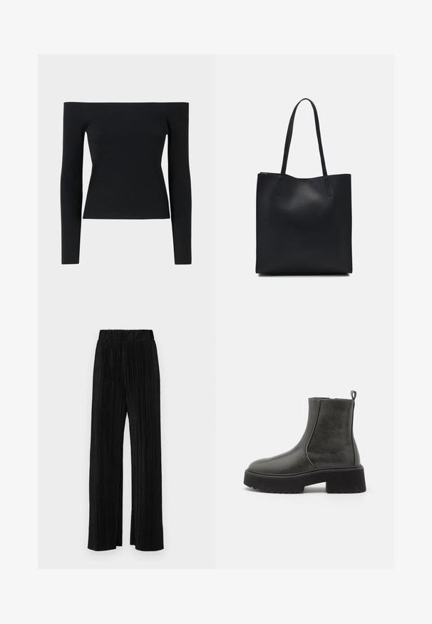 Bluză neagră cu umerii la vedere, din material texturat, cu mâneci lungi, având o siluetă ajustată și un design minimalist.; Pantaloni negri plisati cu talie elastică. Prezintă picioare largi și un material neted, texturat, cu dungi verticale.; Cizme negre până la gleznă cu un exterior sintetic neted, panouri laterale elastice, un mâner pentru a fi încape mai ușor și o talpă din cauciuc robustă.; Geantă tote neagră din piele, cu textură netedă, formă rectangulară și două mânere lungi. Fără hardware vizibil sau ornamente.