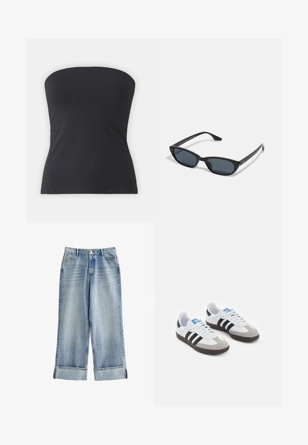 Gina Tricot MICRO LONG TUBE - Top - black; Jeans in denim azzurro chiaro, larghi e comodi, con vita alta, gambe larghe, orli arrotolati e leggere sfumature di sbiadito su tutto il tessuto.; Scarpe sportive con tomaia in pelle bianca, punta in suede grigia e tre strisce nere. Presentano un logo blu sulla linguetta e una suola in gomma testurizzata.; Occhiali da sole cat-eye neri con lenti scure, montatura in plastica, stanghette sottili e una leggera marca sulla parte interna del braccio. Finitura opaca.