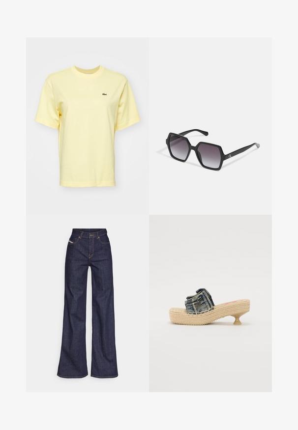 Svetlo žlté bavlnené tričko s krátkymi rukávmi. Na ľavej hrudi sa nachádza malé zelené logo krokodíla. Klasický dizajn s okrúhlym výstrihom.; Tmavomodré široké džínsy z denimu s vysokým pásom, zdobené oranžovým šitím, päť vreckovým dizajnom a zapínaním na gombík.; Denimové slide sandále s tkanou platformou a malým opätkom. Obsahujú dekoratívne prešívanie a kovový akcent na hornej ramene.; Čierne hexagonálne slnečné okuliare s gradientovými šošovkami, majú lesklý povrch a diskrétne logo na stranici. Vyrobené z odolného plastu.