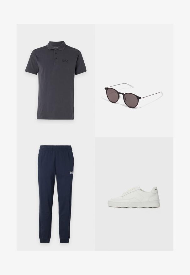 Mørkegrå polo skjorte laget av bomull. Har en typisk krage, tre-knaps placket, korte ermer og en ton-i-ton-logo på brystet.; Marineblå joggebukser med elastisk midje og mansjetter. Har en liten hvit logo på venstre ben. Laget av et mykt, elastisk materiale.; Hvite lærersneakers med en jevn overflate, rund tå, flate lisser og en teksturert såle. Har en subtil logo på hælen.; Sorte, runde solbriller med mørke linser og slanke metalarmer. Inkluderer klare temple tips og sølvfargede detaljer ved hengslet. Minimalistisk design.
