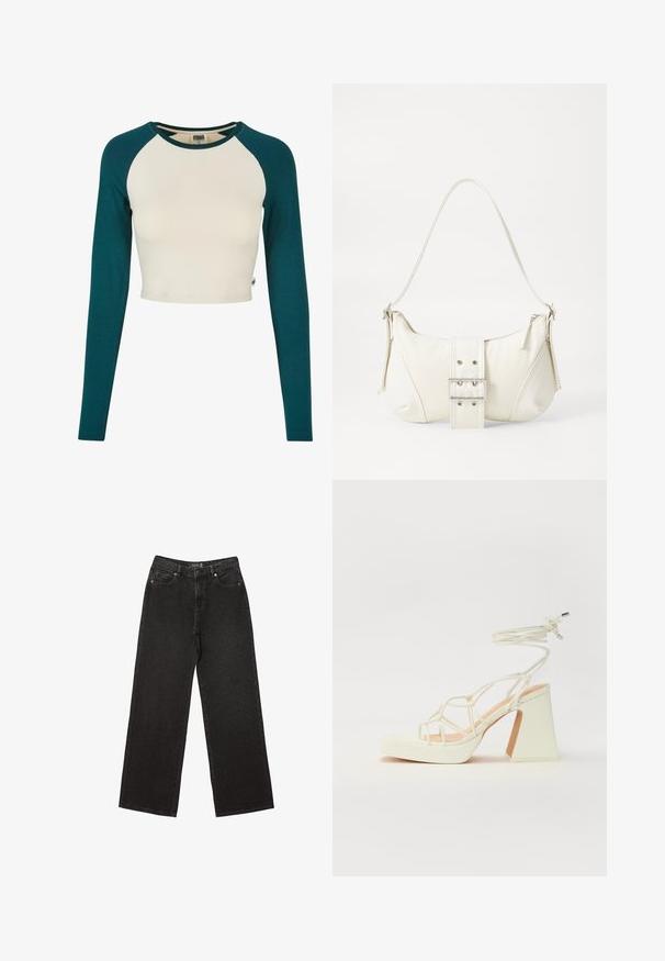 Crop top with long sleeves. Features a cream body and teal sleeves. Made of soft cotton, with a crew neckline and minimal stitching details.; Black wide-leg jeans made of denim, featuring small dotted patterns, classic five-pocket design, and a button and zip fly closure.; White high-heeled sandal with a chunky heel, featuring a strappy design and ankle tie. Smooth texture with a platform front for added height.; White shoulder bag with a textured finish, a central buckle accent, and a curved shape. Zipper closures on both sides.