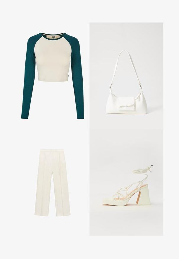 Crop top with long sleeves. Features a cream body and teal sleeves. Made of soft cotton, with a crew neckline and minimal stitching details.; Wide-legged trousers in a light cream color. Made from a smooth fabric with pleats at the front and side pockets.; White high-heeled sandal with a chunky heel, featuring a strappy design and ankle tie. Smooth texture with a platform front for added height.; White synthetic handbag with a triangular shape, flat front flap and bow detail, adjustable strap, smooth texture, and minimalistic design.