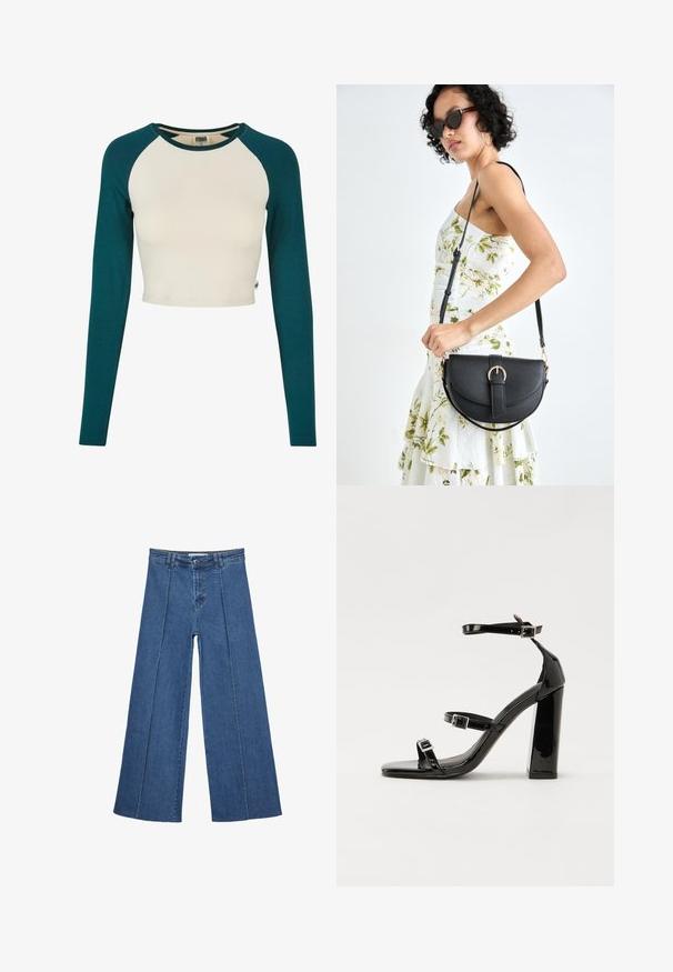 Crop-Top mit langen Ärmeln. Hat einen beigen Body und türkisfarbene Ärmel. Hergestellt aus weicher Baumwolle, mit rundem Ausschnitt und minimalen Nähdetails.; Weite Jeans aus Denim in Mittelblau, mit hoher Taille, Knopfverschluss und kontrastierenden vertikalen Nahtdetails an der Vorderseite.; Schwarze patentierte Sandalen mit Absatz, quadratischer Spitze, Knöchelriemen und silbernen Schnallen. Mit einem stabilen Blockabsatz für mehr Stabilität.; Schwarze Lederhandtasche mit geschwungener Form, abnehmbarem Tragegurt und goldenen Beschlägen. Die Tasche verfügt über einen Deckel mit einer Schnallen-Details.