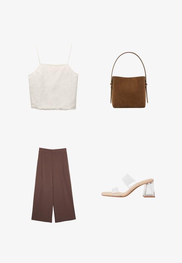 Weißes Leinen-Crop-Top mit dünnen, verstellbaren Trägern, quadratischem Ausschnitt und lockerem Schnitt, das eine subtile Textur aufweist.; Braune Weite-Leg-Hosen mit einer glatten Textur, hoher Taille und Vorderfalten. Der Stoff ist leicht und fällt locker.; Transparente Sandalen mit Absatz, die zwei klare Riemen, eine beige Sohle und einen geometrischen klaren Blockabsatz aufweisen. Minimalistisches Design mit glatter Textur.; Mango Handtasche - brown