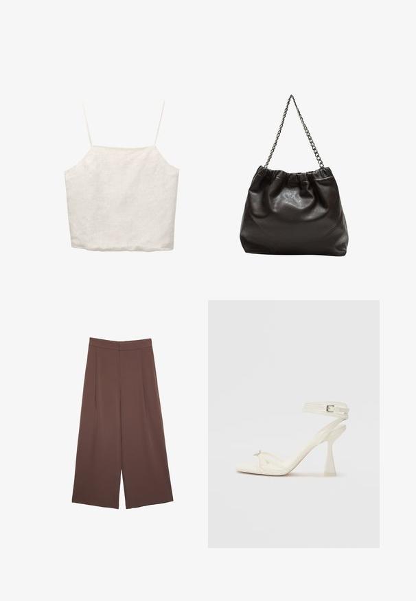Top corto in lino bianco con spalline sottili regolabili, scollatura quadrata e vestibilità rilassata, caratterizzato da una leggera texture su tutta la superficie.; Pantaloni ampi marroni con una texture liscia, caratterizzati da una vita alta e pieghe frontali. Il tessuto è leggero e scorre liberamente.; Sandalo con tacco alto e fasce in pelle bianca, dal design elegante, con un tacco a blocco trasparente e un elemento decorativo sulla punta.; Borsa in pelle marrone con parte superiore arricciata e tracolla a catena. Texture liscia con finitura lucida e dettagli di cucitura sottili sui lati.