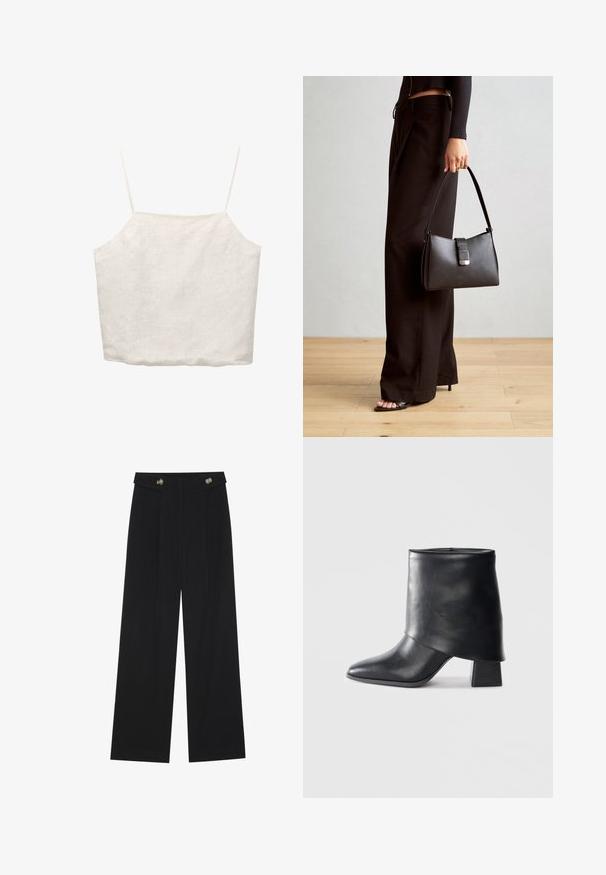 Witte linnen crop top met dunne verstelbare bandjes, vierkante halslijn en een ontspannen pasvorm, met een subtiele textuur overal.; Zwarte wijde broek met hoge taille, knoopdetails op de tailleband en plooien aan de voorkant.; Zwarte leren enkellaars met een spitse neus, een zachte textuur en een gestructureerde blokhak. Kenmerkt zich door een hoge, gevouwen kraag.; Zwarte handtas met gestructureerde vorm, gladde textuur en een metalen sluiting. Gecombineerd met brede zwarte broeken en sandalen met open teen op een houten vloer.