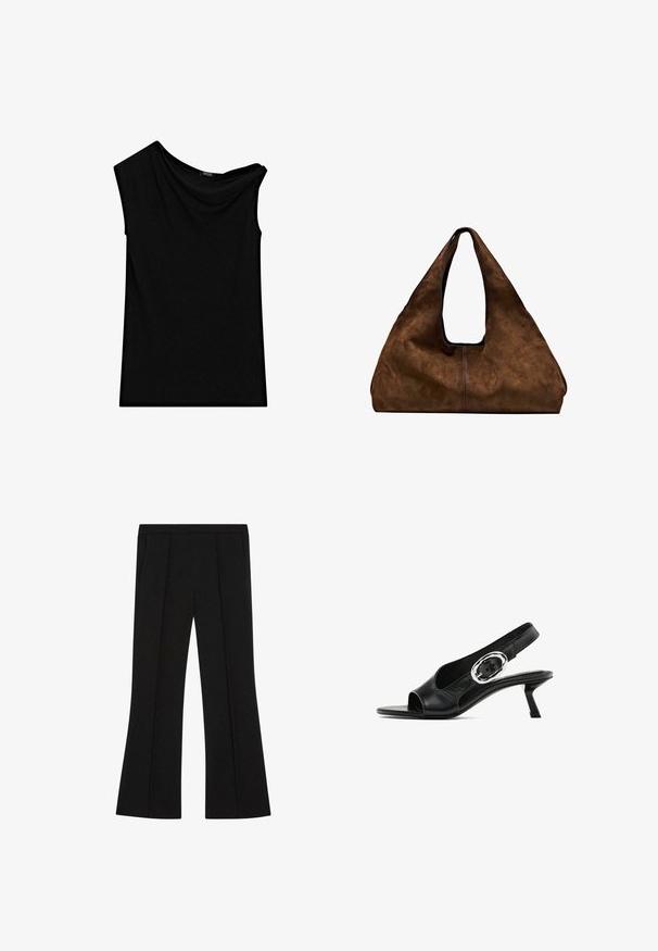 Zwarte mouwloze top van zachte stof, met een asymmetrische halslijn en gedrapeerde details aan één kant. Glad textuur, taillerende pasvorm.; Zwarte tailored broek met een hoge taille, voorplooien, zijzakken en een lichte flare aan de benen.; Zwarte leren slingback schoenen met een open teen, voorzien van een zilveren ovale gesp op de band en een slanke kittenhak. Glad textuur.; Bruine suède schoudertas met een open bovenkant. Heeft een diepe, brede vorm, een uitsnijdend handvat en een minimale stiksels voor een strak ontwerp.