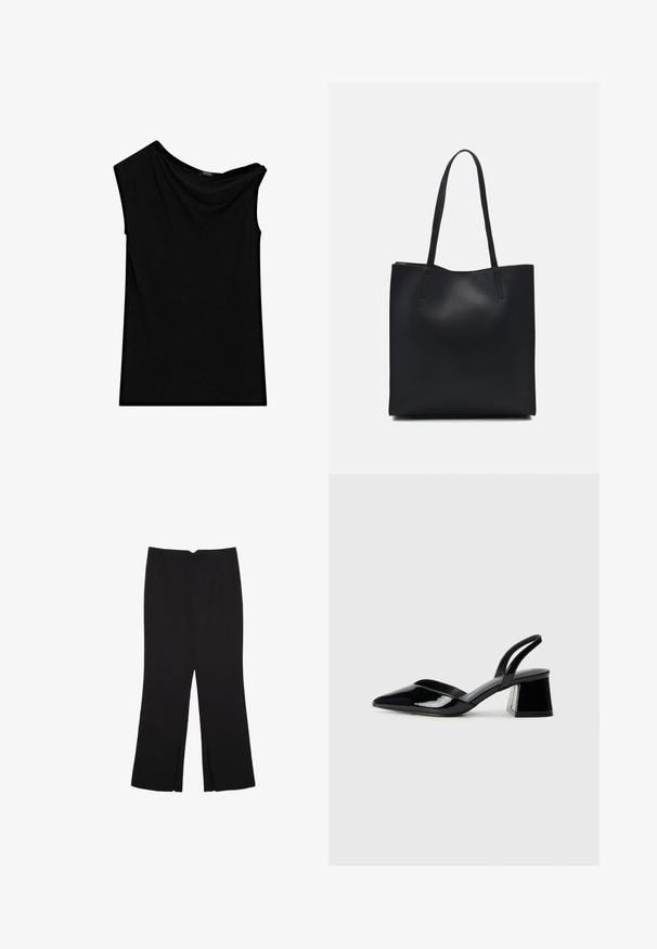 Svart ärmlös toppen i mjukt tyg, med en asymmetrisk halsringning och draperade detaljer på ena sidan. Slät textur, skräddarsydd passform.; Svarta byxor med rak passform, utrustade med framfickor och sidoklyvningar vid fållen. Tillverkade av mjukt, slätt tyg. Lämpliga för olika tillfällen.; Svarta lackläder slingback klackar med spetsig tå och geometrisk klack. Har en elegant, minimalistisk design och slät yta.; Svart lädertoffelväska med slät textur, rektangulär form och två långa handtag. Ingen synlig hårdvara eller dekorationer.