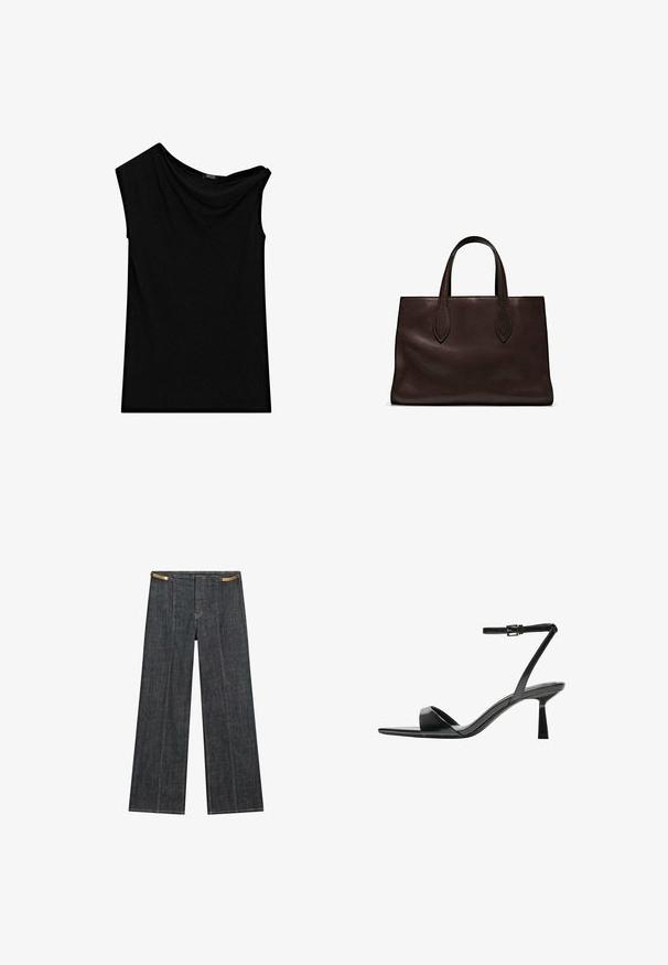 Top senza maniche nero realizzato in tessuto morbido, con scollatura asimmetrica e dettagli drappeggiati da un lato. Texture liscia, vestibilità sartoriale.; Pantaloni wide-leg in denim scuro con vita alta. Presenta cuciture a vista, chiusura con bottone e un accento unico in catena in vita.; Bershka Sandali con tacco - black; Borsa a spalla in pelle marrone con due manici lunghi, forma rettangolare strutturata, texture liscia e dettagli di cucitura sottili.