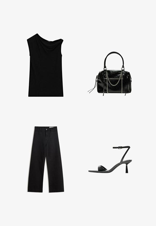 Top senza maniche nero realizzato in tessuto morbido, con scollatura asimmetrica e dettagli drappeggiati da un lato. Texture liscia, vestibilità sartoriale.; Pantaloni in denim neri a gamba larga con vita alta, dotati di tasche anteriori e posteriori, cuciture a punto, e chiusura con bottone. Texture liscia.; Bershka Sandali con tacco - black; Bershka WITH CHAIN - Borsa a mano - black