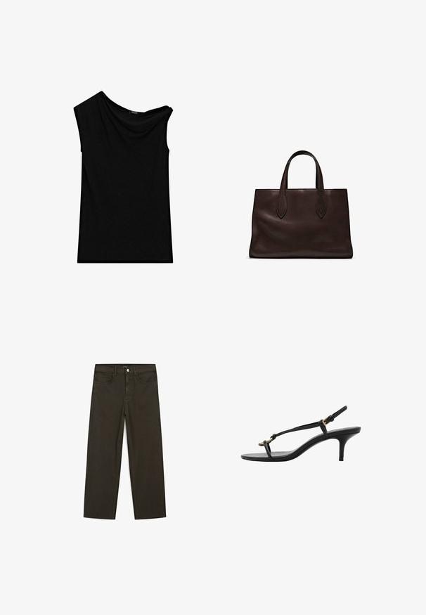 Schwarzes ärmelloses Oberteil aus weichem Material, mit asymmetrischem Ausschnitt und drapierten Details auf einer Seite. Glatte Textur, maßgeschneiderte Passform.; Dunkelgrüne Jeans im weit geschnittenen Style, hergestellt aus einem Baumwollgemisch. Sie verfügen über einen Frontknopfverschluss, fünf Taschen und klassische Denim-Nähte.; Schwarze Leder-Kitten-Heel-Sandale mit dünnen Riemen, goldener Schnalle und minimalistischer Zehen-Schlaufe vor einem weißen Hintergrund.; Braune Ledertasche mit zwei langen Griffen, strukturierte rechteckige Form, glatte Textur und dezente Nähdetails.