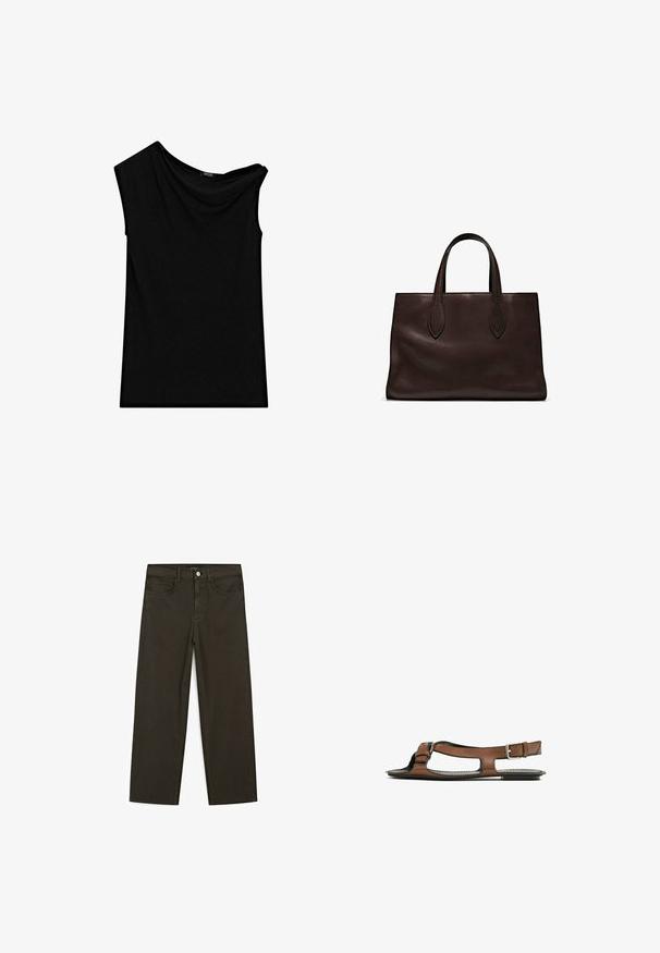 Czarny bezrękawnik wykonany z miękkiego materiału, z asymetrycznym dekoltem oraz drapowanymi detalami po jednej stronie. Gładka tekstura, dopasowany krój.; Ciemnozielone spodnie dżinsowe typu wide-leg wykonane z mieszanki bawełny, z zamkiem na guzik z przodu, pięcioma kieszeniami i klasycznym przeszyciem dżinsowym.; Brązowe skórzane sandały z otwartym palcem i wycięciami po bokach. Posiadają pasek na kostkę z metalową klamrą oraz płaską podeszwę.; Brązowa skórzana torba tote z dwoma wydłużonymi uchwytami, usztywnionym prostokątnym kształtem, gładką teksturą i subtelnymi detalami przeszycia.