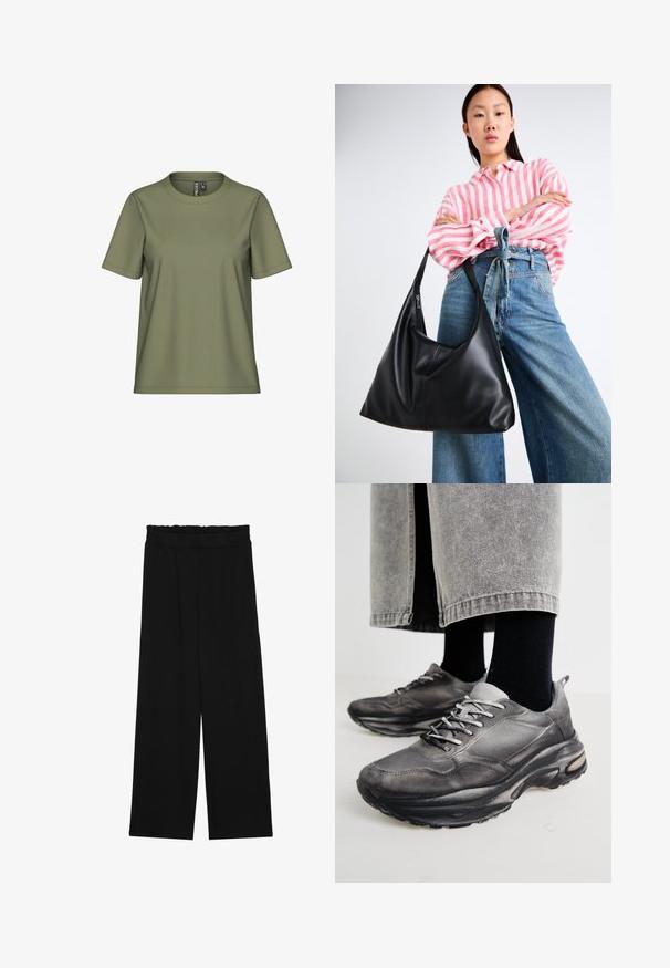 Olijfgroene T-shirt met korte mouwen gemaakt van zachte stof. Kenmerken zijn een ronde halslijn en een ontspannen pasvorm zonder patronen of accenten.; Zwarte wijde broek met een gerimpelde tailleband, voorzien van twee zijzakken en een soepele, lichte stof. Geen zichtbare patronen of hardware.; Zwarte en grijze sport schoenen hebben een mesh bovenkant, dikke zolen en veters. Ze hebben een ronde neus en zichtbare dempingsdetails.; Zwarte leren schoudertas met een slungelige vorm en naden. Model draagt een roze en witte gestreepte blouse met wijde blauwe jeans.