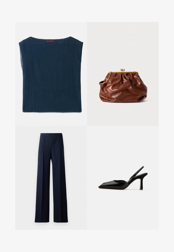 Tamsiai mėlynas, raukšlėtas audinys viršus su plačiu iškirpimu ir trumpomis rankovėmis. Tiesus kirpimas su apdirbtais kraštais. Nėra matomų raštų ar detalės.; Plati kelnių juodos tamsios spalvos audinys, turintis lygų paviršių, subtilius priekinius raukšlės ir prigludusią liemenėlę, užtikrinančias elegantišką siluetą.; Juodas odinis slingback kulnas su smailiu nosiu, minimalizmo stilius, plonas kulkšnies dirželis ir elegantiškas stiletto kulnas. Lygus paviršius.; Ruda odinė delninė su auksiniu užsegimu ir trumpu auksiniu grandininiu rankena, pasižyminti minkšta, susiraukšlėjusia tekstūra ant balto fono.