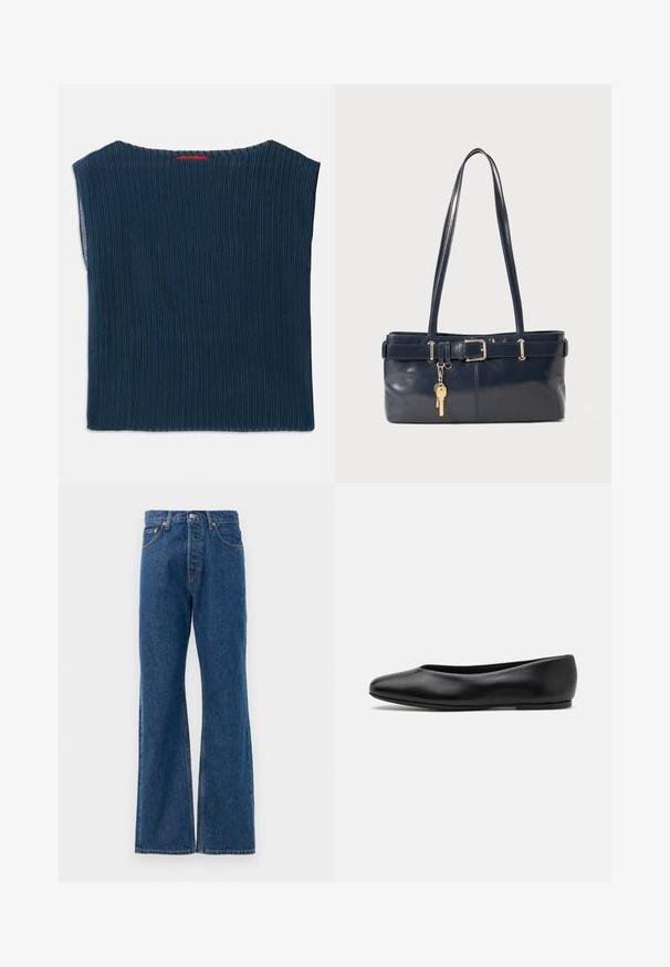 Temno modra, rebrasta tkanina majica z širokim ovratnikom in kratkimi rokavi. Ravnokoten kroj z obdelanimi robovi. Brez vidnih vzorcev ali strojne opreme.; Modre flared jeans iz denima z visokim pasom, opremljene s petimi žepi, srebrnim gumbom za zapiranje in vidnimi šivi.; Paul Smith TOPANGA - Balerinke - black; Mornarska usnjena torbica z dvema dolgima ročajema, dodatkom z zaponko in pritrjeno ključavnico. Ima gladko teksturo in pravokotno obliko.