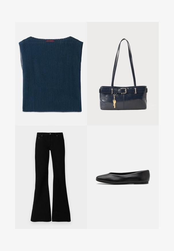 Top in tessuto ribbed blu scuro con scollatura ampia e maniche corte. Taglio dritto con bordi rifiniti. Senza motivi visibili né fissaggi.; Jeans neri a zampa d'elefante realizzati in denim, con un classico design a cinque tasche, chiusura con bottone e dettagli di cucitura sottili lungo le cuciture.; Paul Smith TOPANGA - Ballerine - black; Borsa a mano in pelle blu con due manici lunghi, un dettaglio con fibbia e un portachiavi attaccato. Presenta una texture liscia e una forma rettangolare.