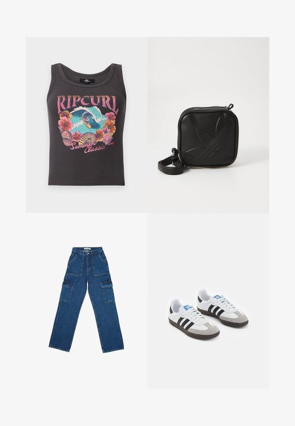 Dunkelgrau gestreifter Tanktop mit buntem Surf- und Blumenmotiv, Text "Rip Curl Summer Classic 1969" auf der Vorderseite.; Weite blaue Denim-Cargo-Hosen mit hohem Bund, Fronttaschen und großen seitlichen Klapptaschen, auf weißem Hintergrund flach ausgelegt.; Sportschuhe mit einem Obermaterial aus weißem Leder, grauer Wildleder-Zehenkappe und drei schwarzen Streifen. Sie verfügen über ein blaues Logo auf der Zunge und eine strukturierte Gummisohle.; Schwarze Umhängetasche aus strukturiertem synthetischem Material. Verfügt über ein eingeprägtes Logodesign und einen verstellbaren Riemen. Mit Reißverschluss geschlossen.