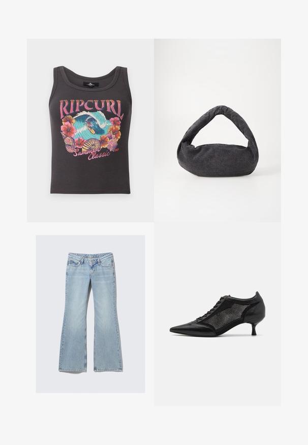 Tumehall riidepusa, millel on värviline surfiteema ja lilleline graafika, ees tekst "Rip Curl Suveklassika 1969".; Weekday NOVA - Liibuvad teksad - lip blue; Mustad mustakottidega jalanõud, millel on võrkpaneeli disain, madala kanna ja nööpidega esiküljel. Valmistatud nahast ja võrkkangast.; Tumehallist kangast kott, millel on kaardus käepide, pehme tekstuur ja ümar kuju. Pole nähtavaid metallosi ega kaunistusi.