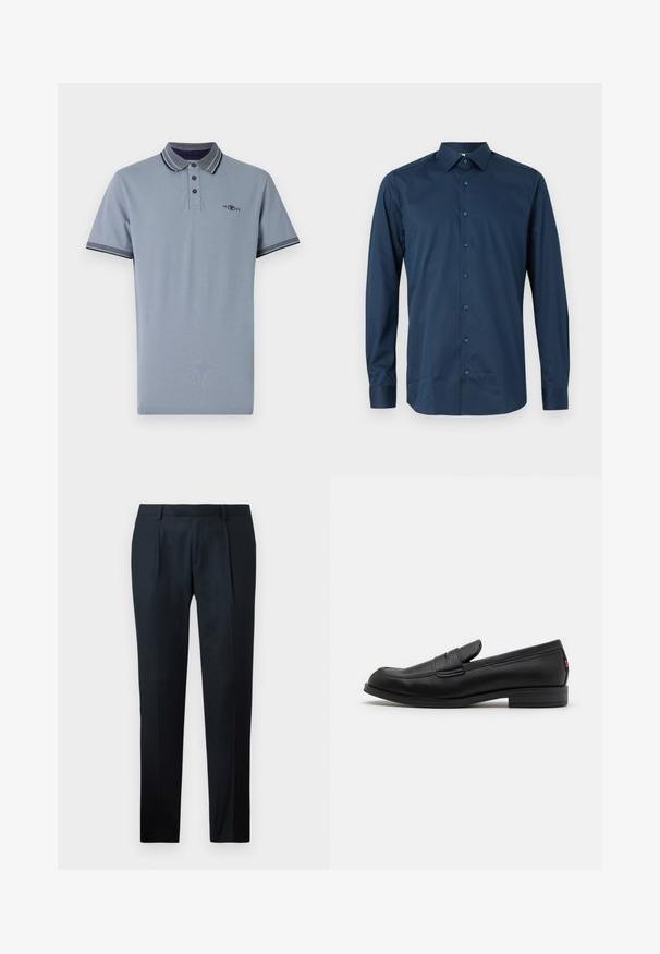 Polo-paita vaaleansinisestä puuvillasta, jossa on kontrastivärinen kaulus tummansinisillä yksityiskohdilla, kaksinappinen avaus ja pieni logo rinnassa.; Tummansininen pitkähihaisen napitettavan paidan valmistettu sileästä kankaasta. Siinä on tavallinen kaulus, etupaneeli, jossa on samanväriset napit, ja hihansuut on käännettävissä.; Mustat räätälöidyt housut, jotka on valmistettu sileästä kankaasta, ja joissa on slim fit -muotoilu, kaksi etupleippaa ja litteä vyötärö ilman näkyvää varustusta.; Mustat nahkaloafersit, joissa on sileä pinta, pyöreä kärki ja pieni koristeellinen läppä. Varustettu matalalla pinotulla korolla ja huomaamattomalla brändityksellä.