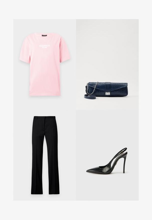 Lyserød t-shirt i bomuld med korte ærmer, med teksten "DSQUARED2 MILANO" i hvide blokbogstaver på forsiden. Rund hals.; Sorte lige bukser i glat stof med flad front, bæltestropper og uden synlige lommer eller udsmykninger.; Sort slingback pumpe med spids tå, tekstureret slangemønster, stilettahæl og en dekorativ spænde på stroppen.; Mørkeblå læder clutch med krokodilleskin, sølv kædesti og metallisk lukning. Firkantet form med fold-over design.
