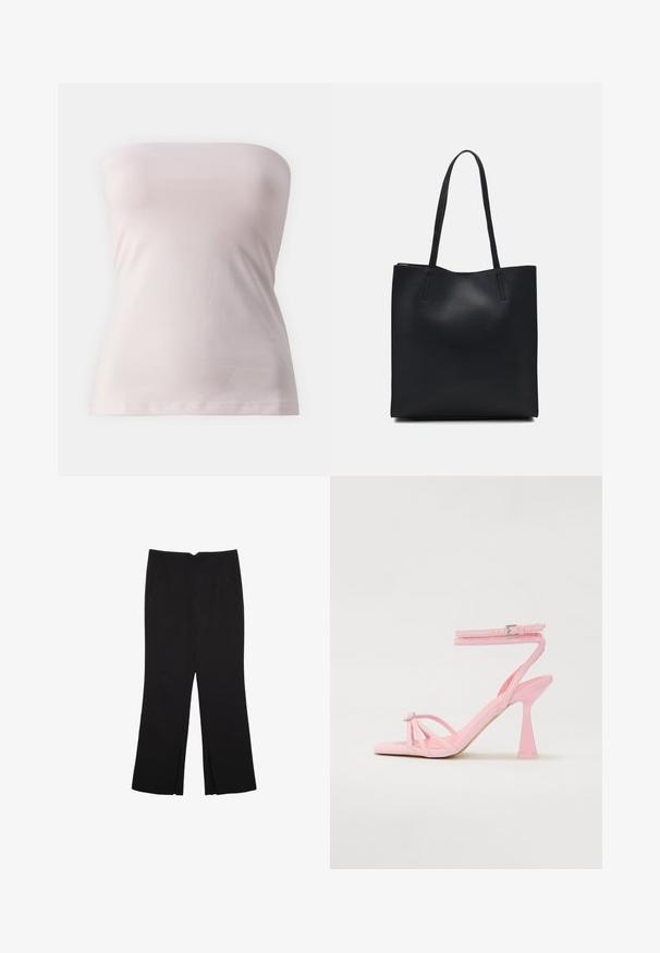 Top bez ramienok vyrobený z jemného svetloružového materiálu, priliehavý strih s hladkou textúrou a jednoduchou siluetou, s priamym strihom na spodnom okraji.; Čierne nohavice so strihom rovného strihu, s prednými vreckami a bočnými rozparkami na leme. Vyrobené z mäkkej, hladkej tkaniny. Vhodné na rôzne príležitosti.; Ružové sandále na vysokom podpätku s pásikovým dizajnom a prackou okolo členku. Majú ozdobný prvok na prstoch a moderný, zúžený dizajn podpätku.; Čierna kožená taška na rameno s hladkým povrchom, obdĺžnikovým tvarom a dvoma dlhými uchami. Bez viditeľného kovania alebo ozdôb.