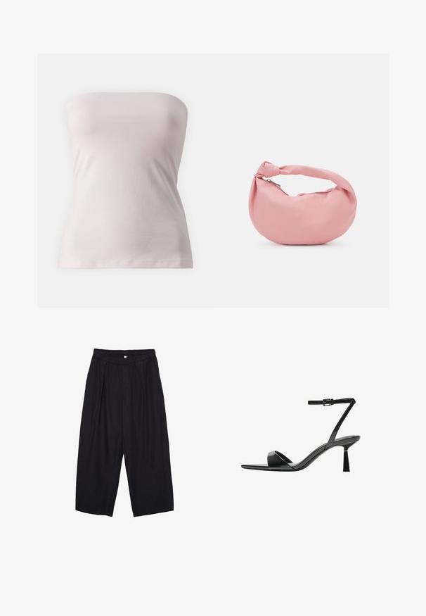 Top bez ramienok vyrobený z jemného svetloružového materiálu, priliehavý strih s hladkou textúrou a jednoduchou siluetou, s priamym strihom na spodnom okraji.; Čierne polyesterové culotte nohavice s elastickým pásom, dvoma prednými záhybmi a voľným strihom. Žiadne viditeľné vzory ani detaily z kovu.; Bershka Sandále na vysokom opätku - black; Even&Odd Kabelka - pink
