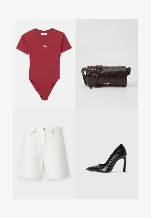 Body curto de manga curta e azul com gola redonda e pequeno logo dourado da Vivienne Westwood ao centro do peito.; Calções de ganga brancos, com corte reto, design de cinco bolsos, fecho frontal por botão, metal prateado e detalhes com costura.; Sapato de salto alto de bico fino preto com textura de pele de crocodilo, apresentando um design elegante, salto agulha alto e interior preto suave.; Bolsa de couro com textura de crocodilo na cor marrom, com forma cilíndrica, metalizações em tom dourado e uma alça destacável com tachas.