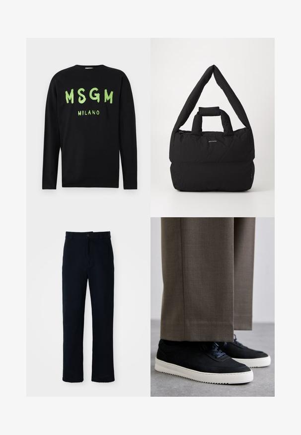 Schwarzes Langarm-Shirt aus Baumwolle mit fettem grünen Pinselstrich-Text "MSGM MILANO" auf der Vorderseite.; Dunkelblaue Baumwollhosen mit geradem Bein, einem Frontknopfverschluss und einem klassischen Bund mit Gürtelschlaufen.; Schwarze Wildleder-Sneaker mit weißen Gummisohlen, mit einer abgerundeten Zehenpartie und Schnürsenkeln, getragen zu grauen maßgeschneiderten Hosen.; Schwarze gepolsterte Tasche mit einem breiten, weichen Schultergurt und einem oberen Griff. Sie verfügt über einen Reißverschluss und ein dezentes Logo auf der Vorderseite.