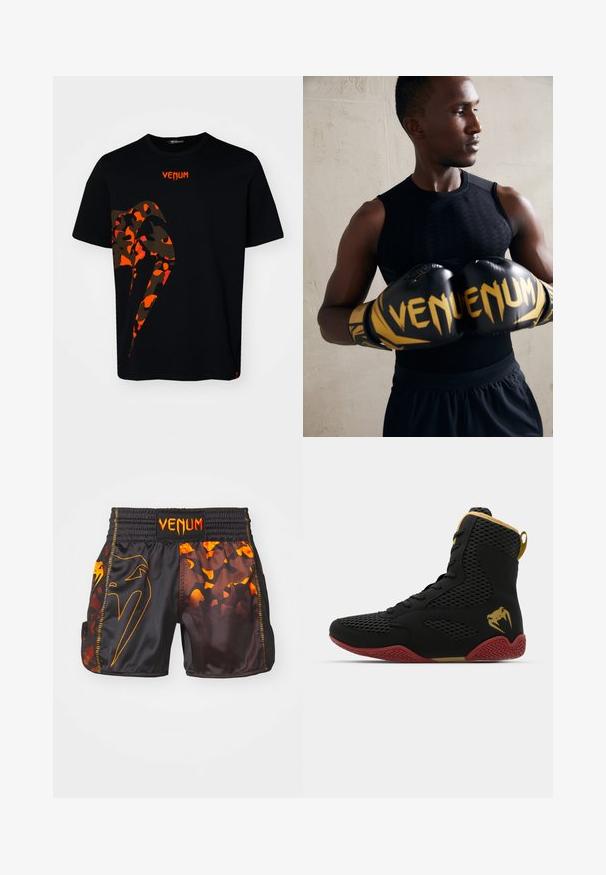 Svart bomull T-skjorte med et stort rød- og brun camo-design på fronten og "VENUM"-logoen i rødt ved halsen. Korte ermer.; Svart og oransje Venum-shorts med en blank finish, kontrasterende camo-mønstre og en elastisk midjebånd med logo-detalj.; Høy topp idrettssko med svart mesh og syntetisk materiale, teksturerte detaljer, rød gummisåle og gullfarge på ankelen.; Sorte boksehansker med gullakenter og "VENUM" merke. Atleten har på seg en ermeløs svart topp som fremhever en muskuløs fysikk.